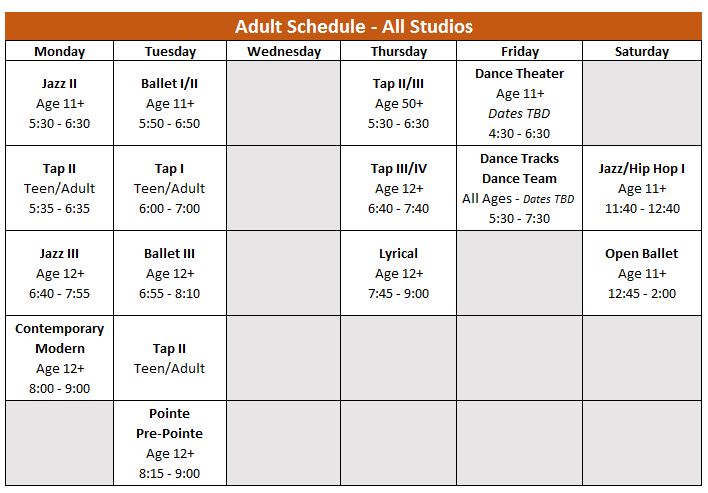 Adult Dance class Schedule